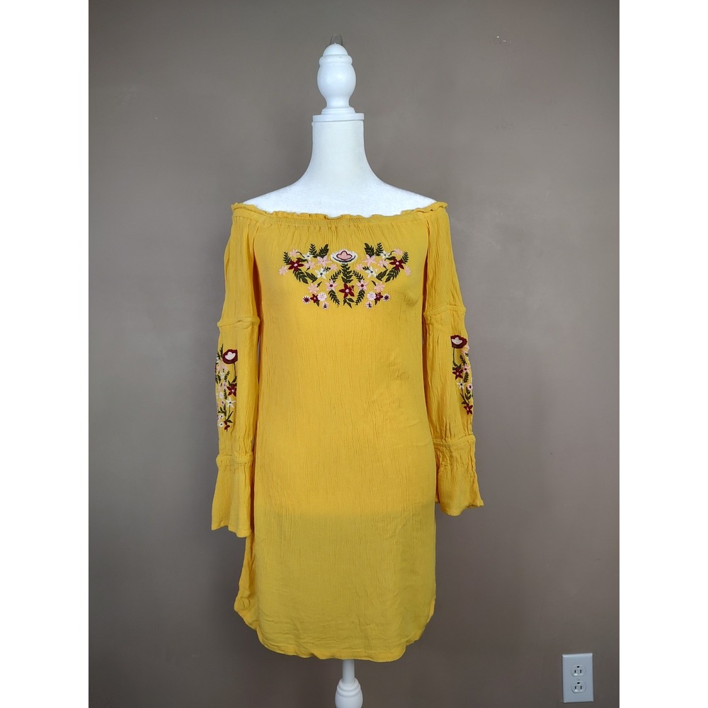 Guess Los Angeles Mustard Yellow Embroidered Off Shoulder Mini Dress Q82K02R5900